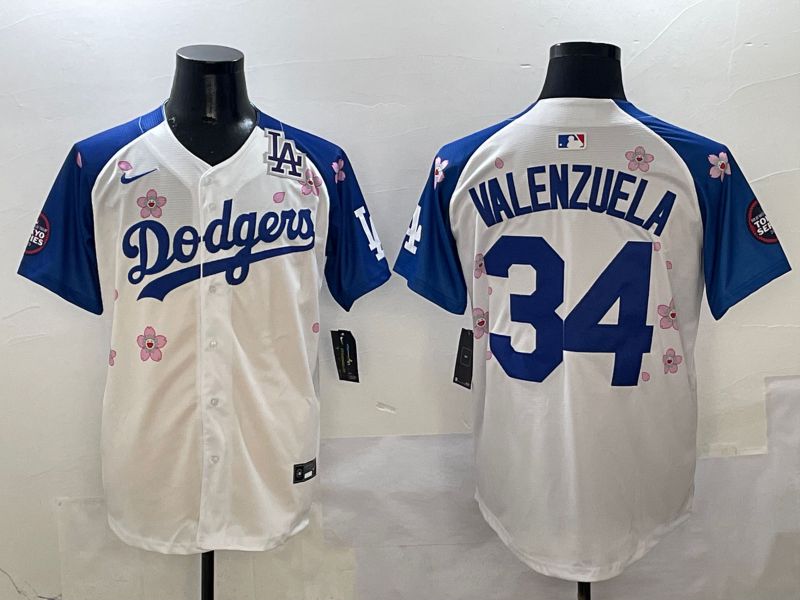 Men Los Angeles Dodgers 34 Valenzuela White Blue Sakura Edition 2025 Nike MLB Jersey style 8